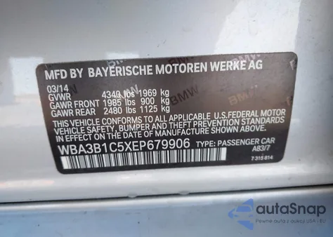 2014 BMW 320I из США, поврежденный, VIN WBA3B1C5XEP679906